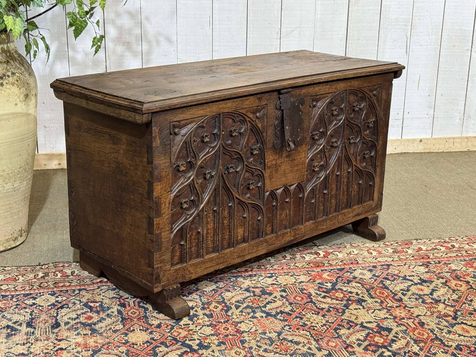18th-century oak chest with Gothic decoration