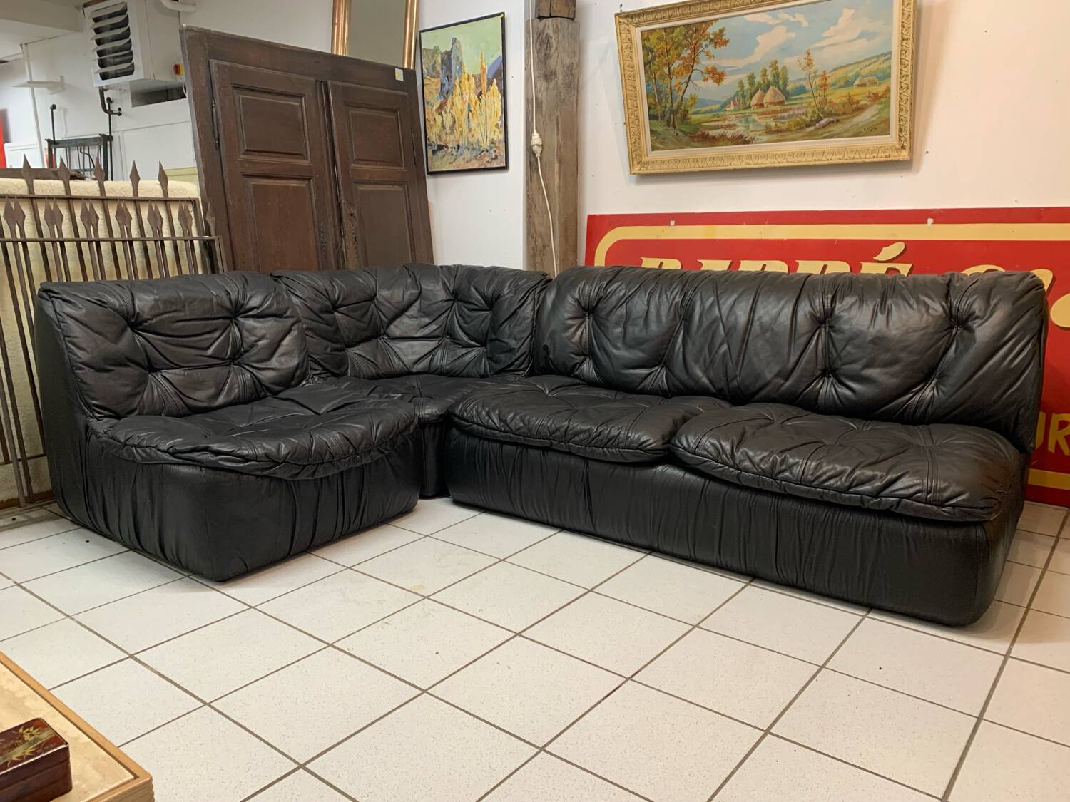 Vintage Black Leather Sofa Design Circa 1980