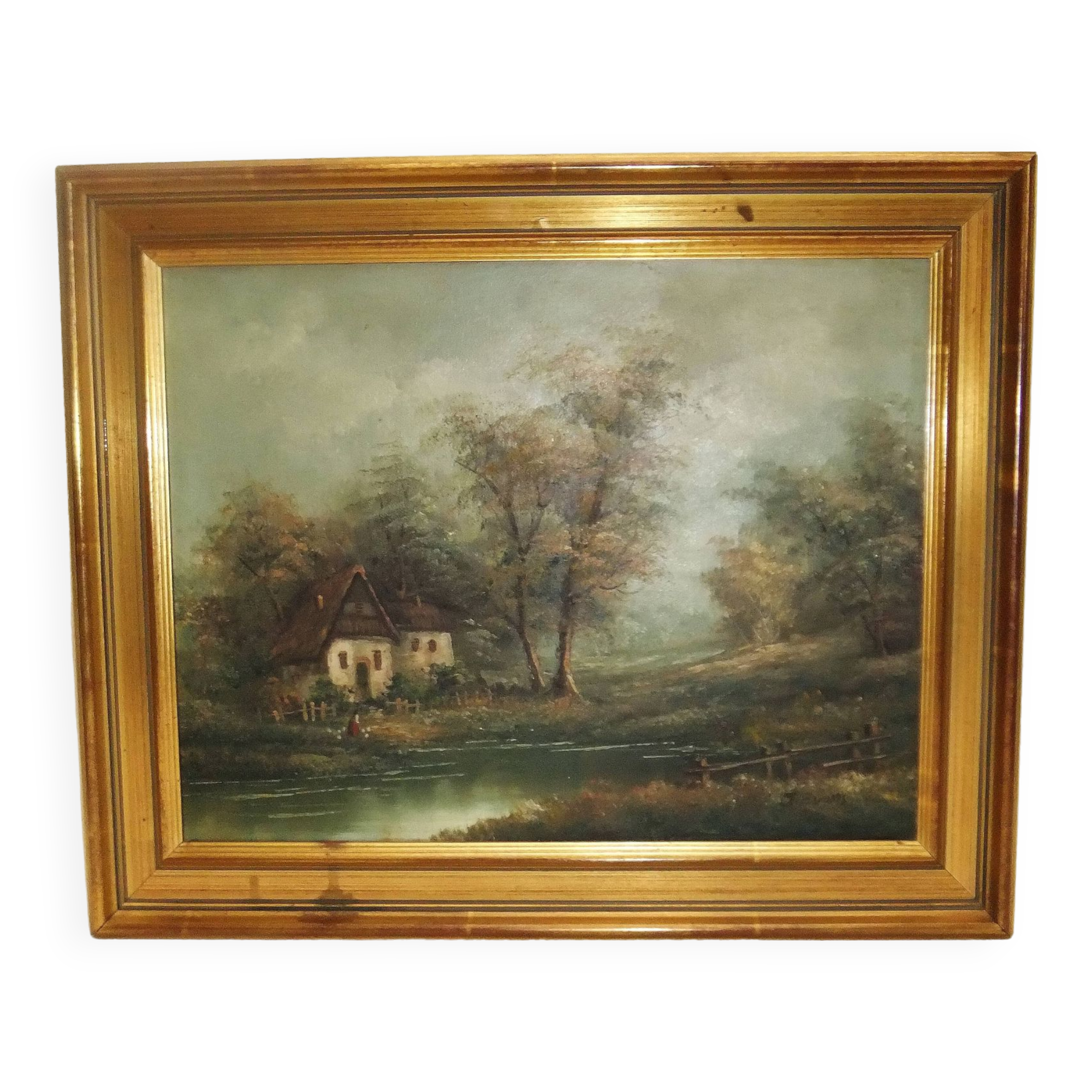Painting on oil canvas J Evans golden frame landscape
