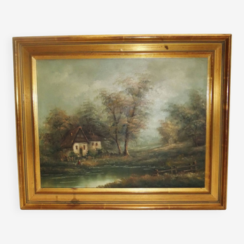 Painting on oil canvas J Evans golden frame landscape
