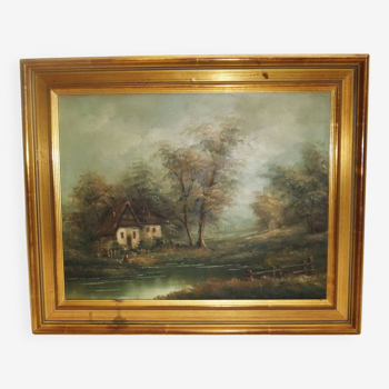 Tableau peinture sur toile à l huile J Evans cadre doré paysage