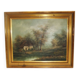 Painting on oil canvas J Evans golden frame landscape