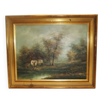 Tableau peinture sur toile à l huile J Evans cadre doré paysage