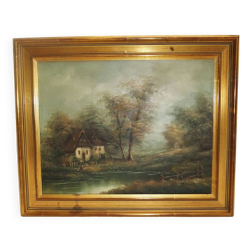 Painting on oil canvas J Evans golden frame landscape