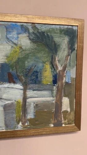 Mid-Century Oil on Canvas 'House with Two Trees' by Zage, Vintage & Framed