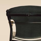 Maërl armchair, Galathée model, black leather, solid wood armrests of your choice