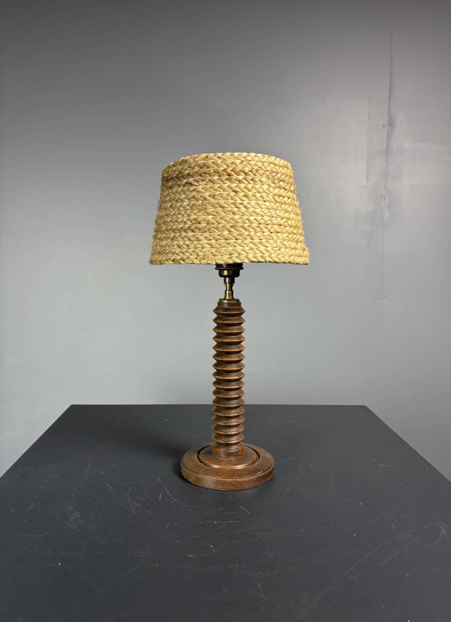 Midcentury French brutalist wood turned table lamp, Charles Dudouyt style