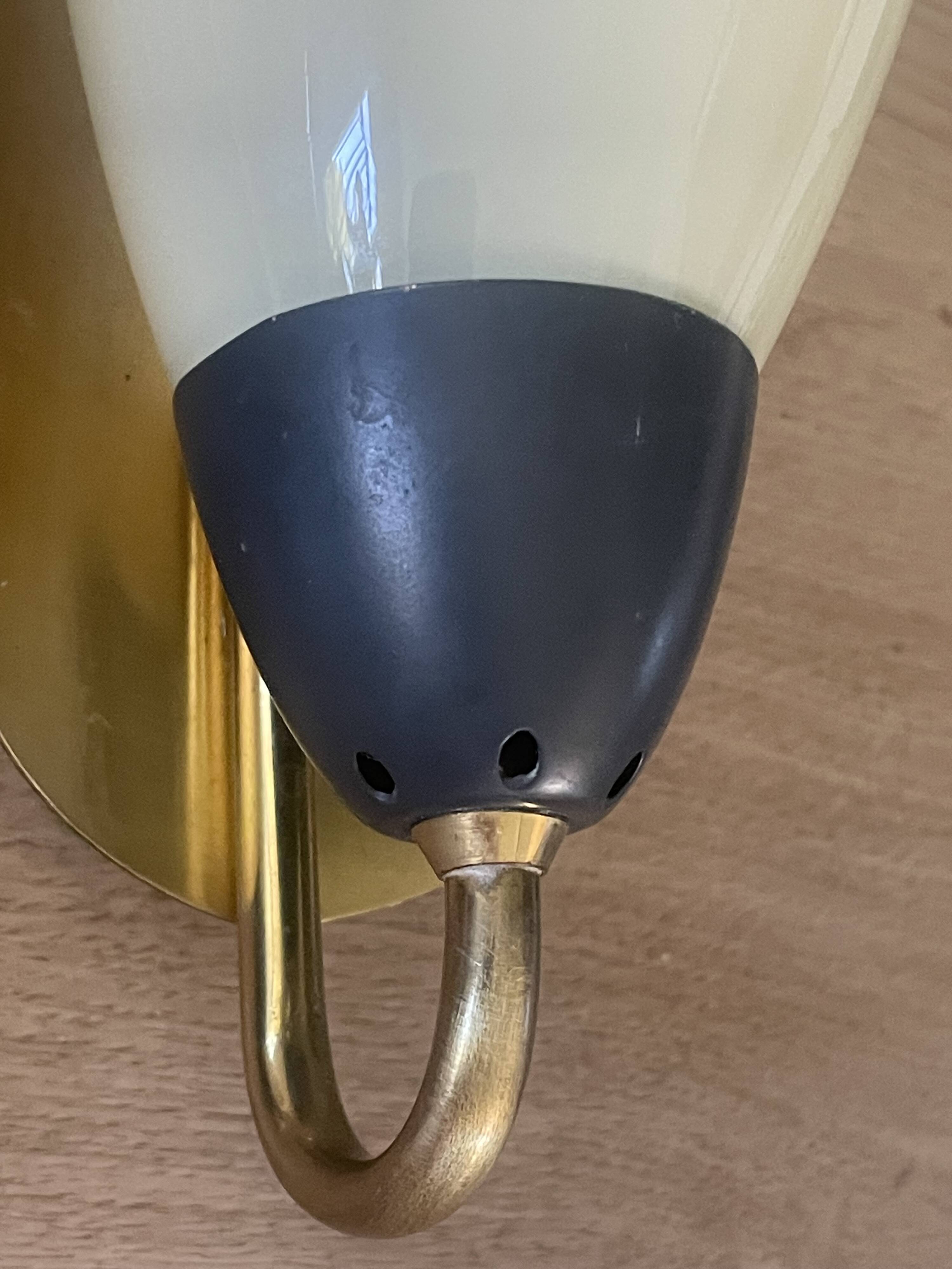 Pair of vintage wall sconces, opaline glass and brass circa 1950.