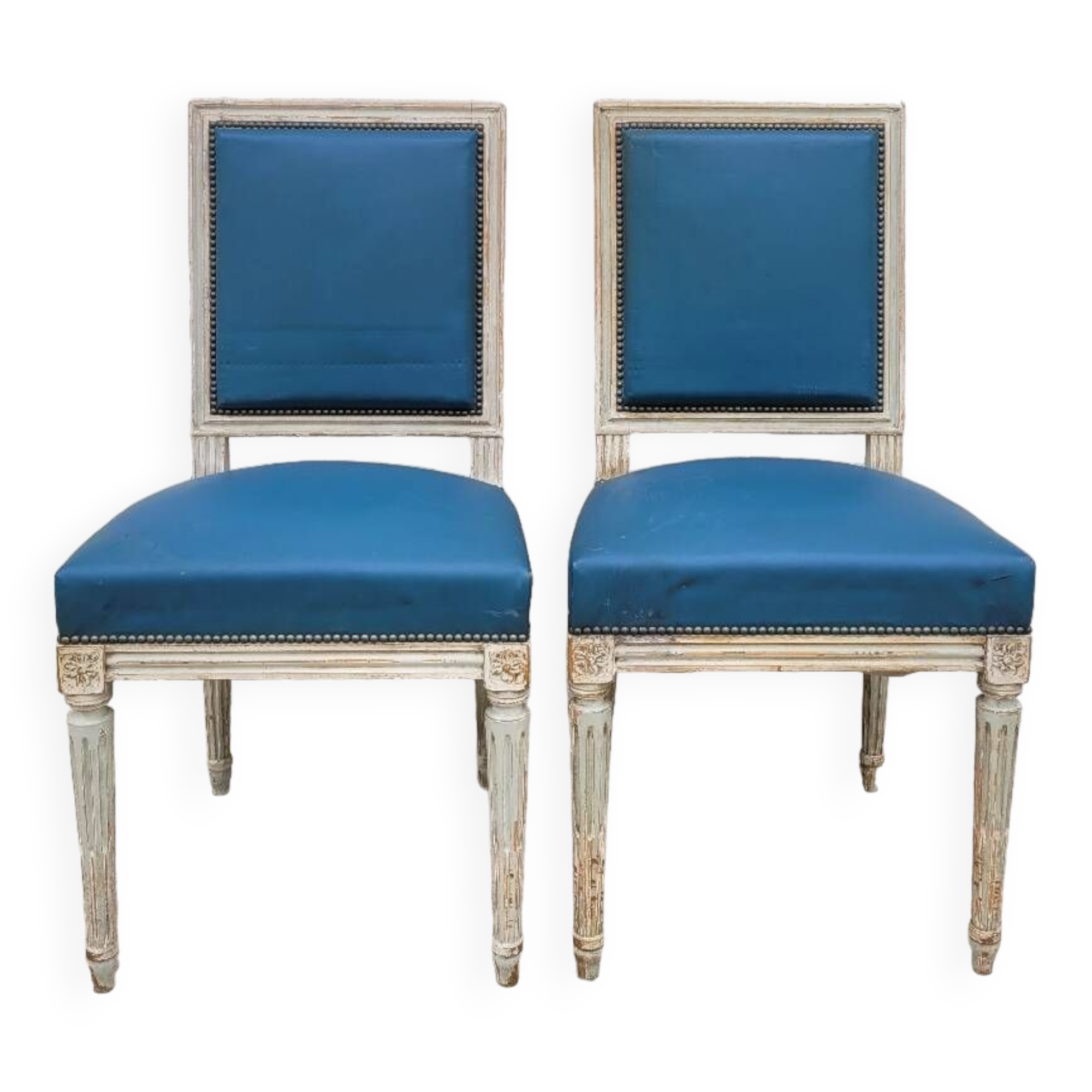 Pair of antique Louis XVI style chairs with patina