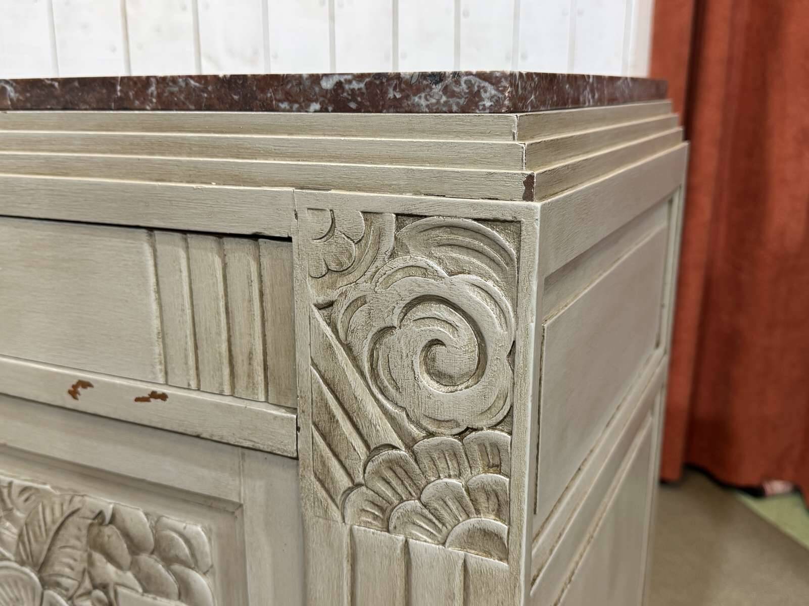 Art Deco sideboard in walnut, oak and marble top.