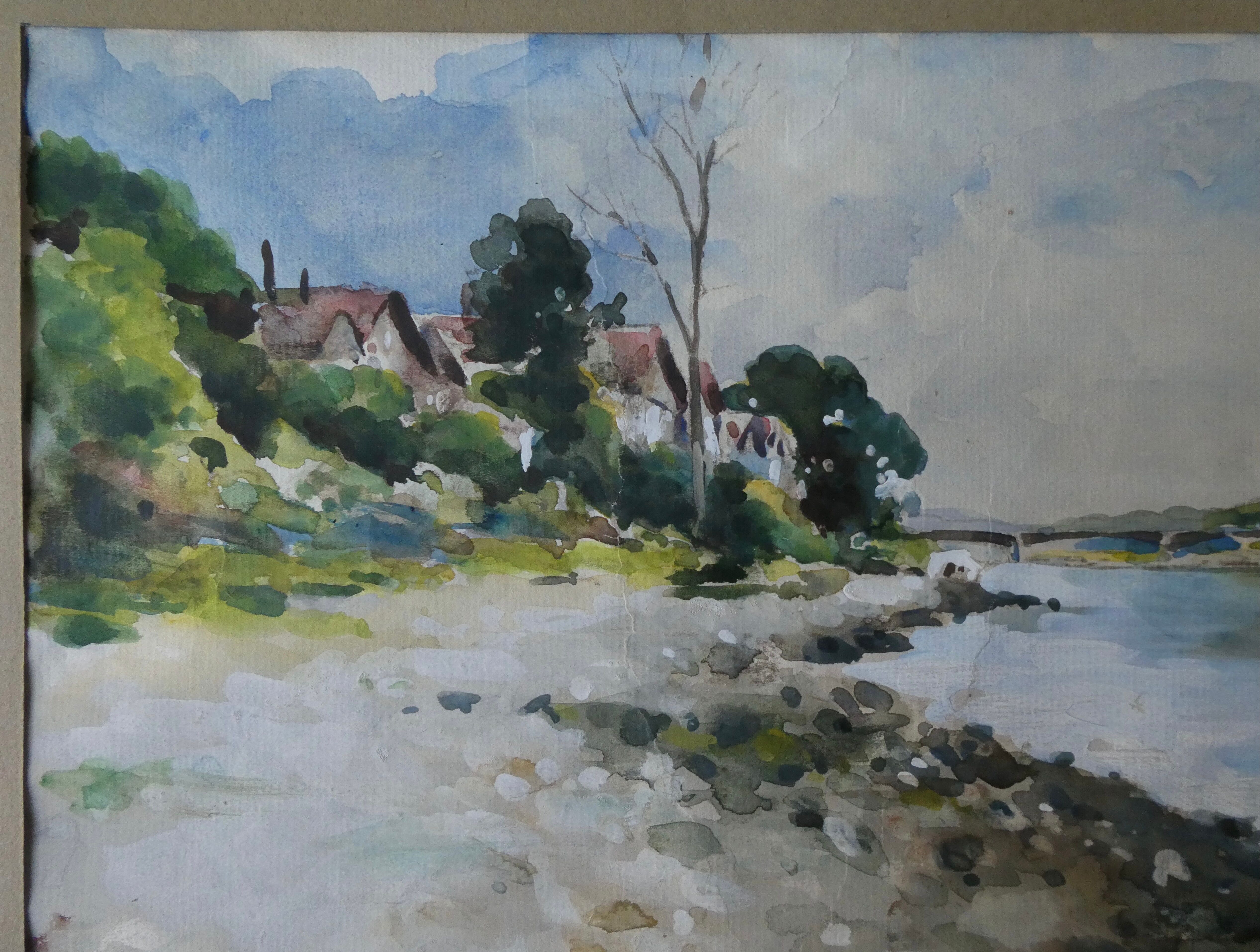 Watercolor painting of Ile Saint Denis, banks of the Seine, signed