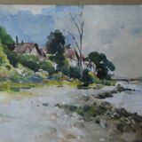 Watercolor painting of Ile Saint Denis, banks of the Seine, signed