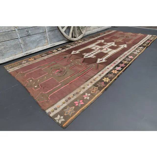 Vintage Turkish Oushak handmade wool cotton brown runner rug 168x395