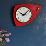 Vintage formica clock silent wall clock asymmetrical "Flash transistor red flower"