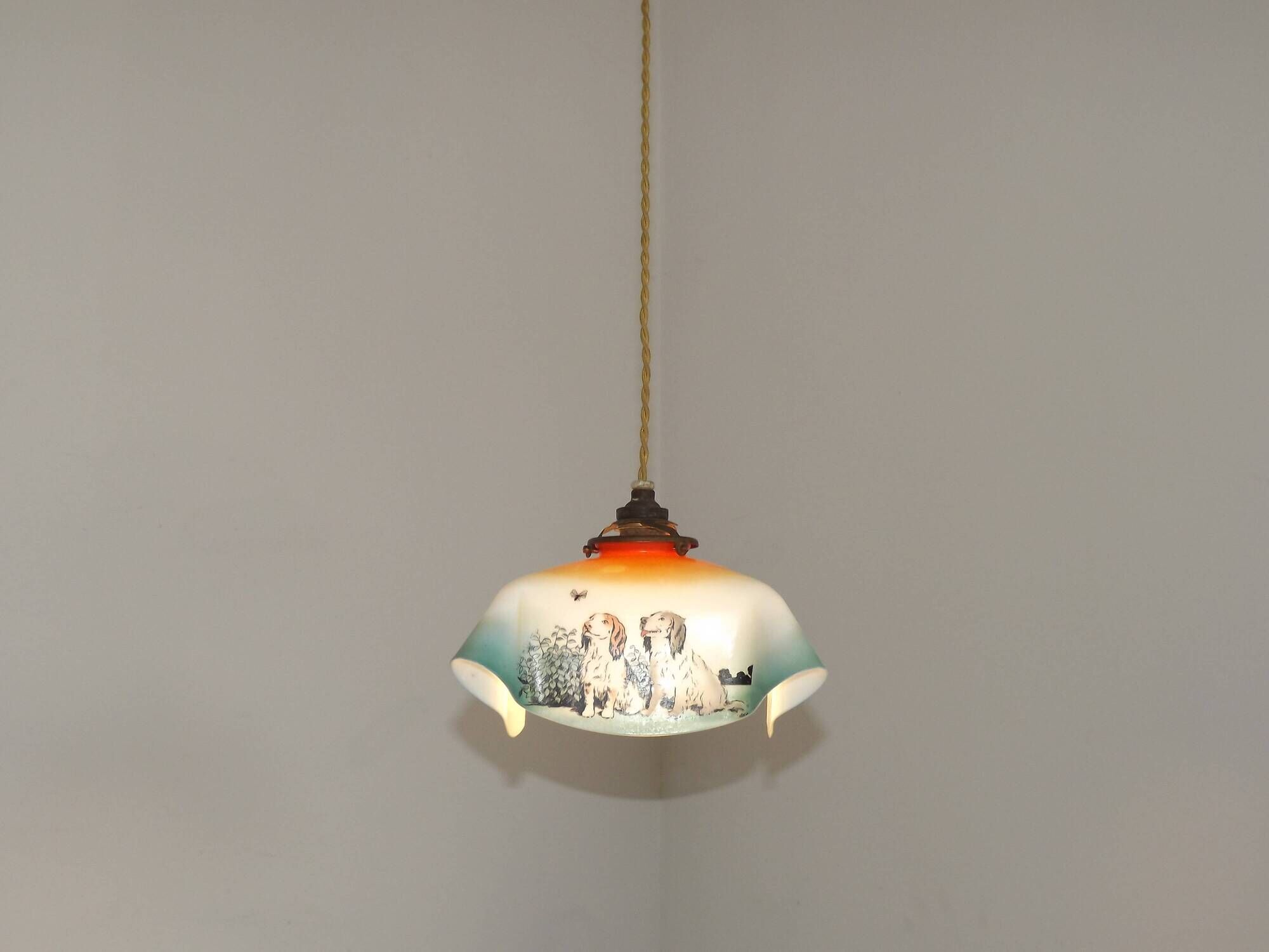 Rare French Art Deco Pendant Light | Illustrated Dog Countryside Shade