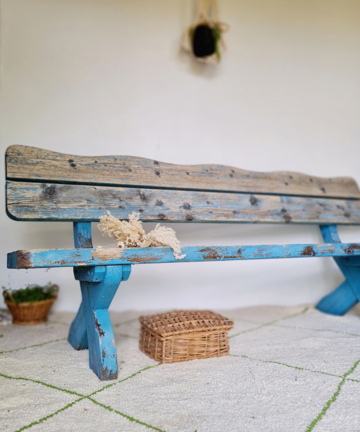 Outdoor bench in patinated blue solid wood