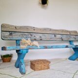 Outdoor bench in patinated blue solid wood
