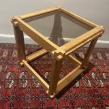 Brutalist table in wood and smoked glass