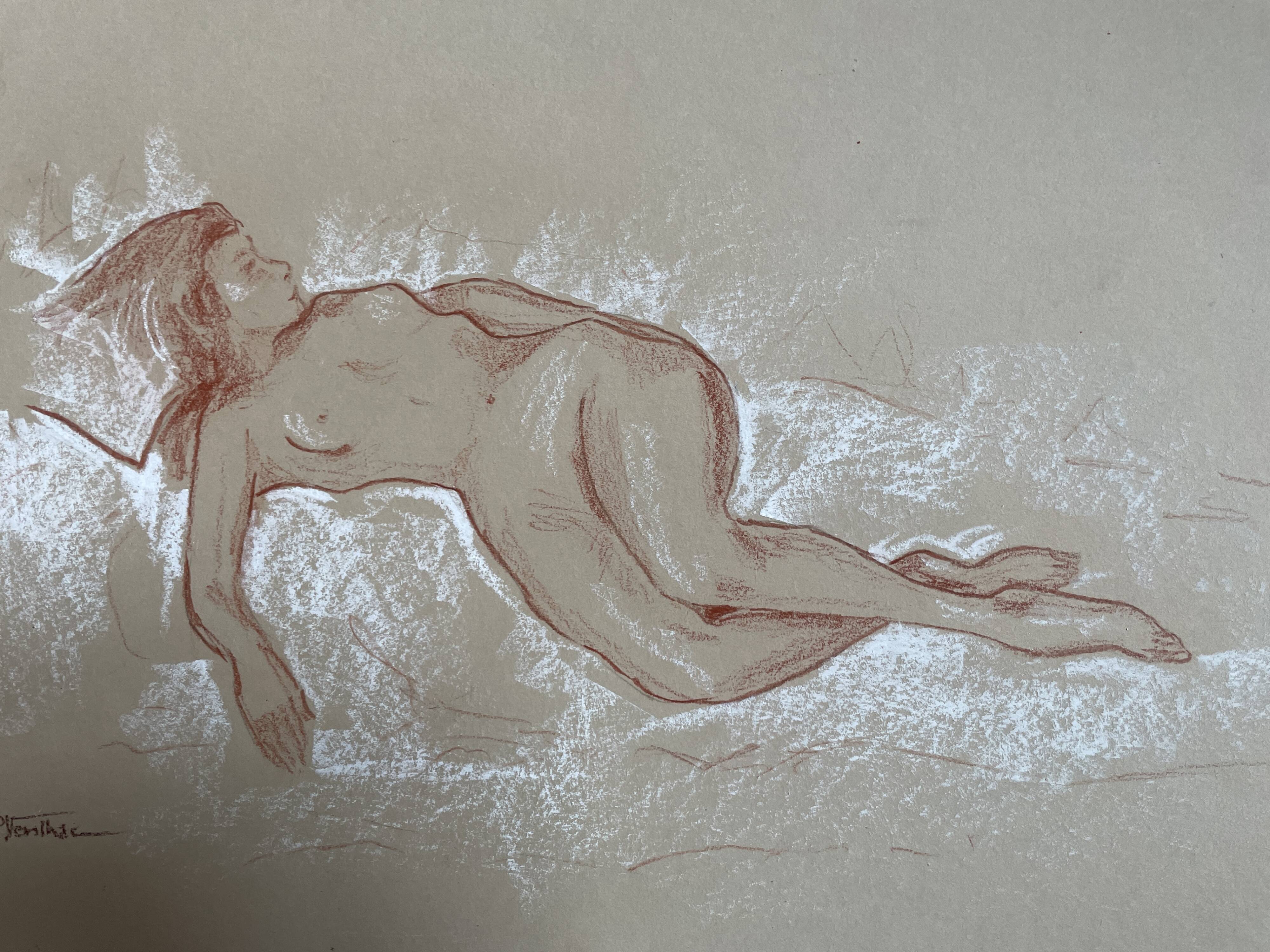 Signed sanguine drawing of a female portrait "The Nap"