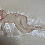Tableau signé sanguine portrait féminin « la sieste »