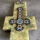 Wall cross with a holy water font in enamel and onyx, 19th century.