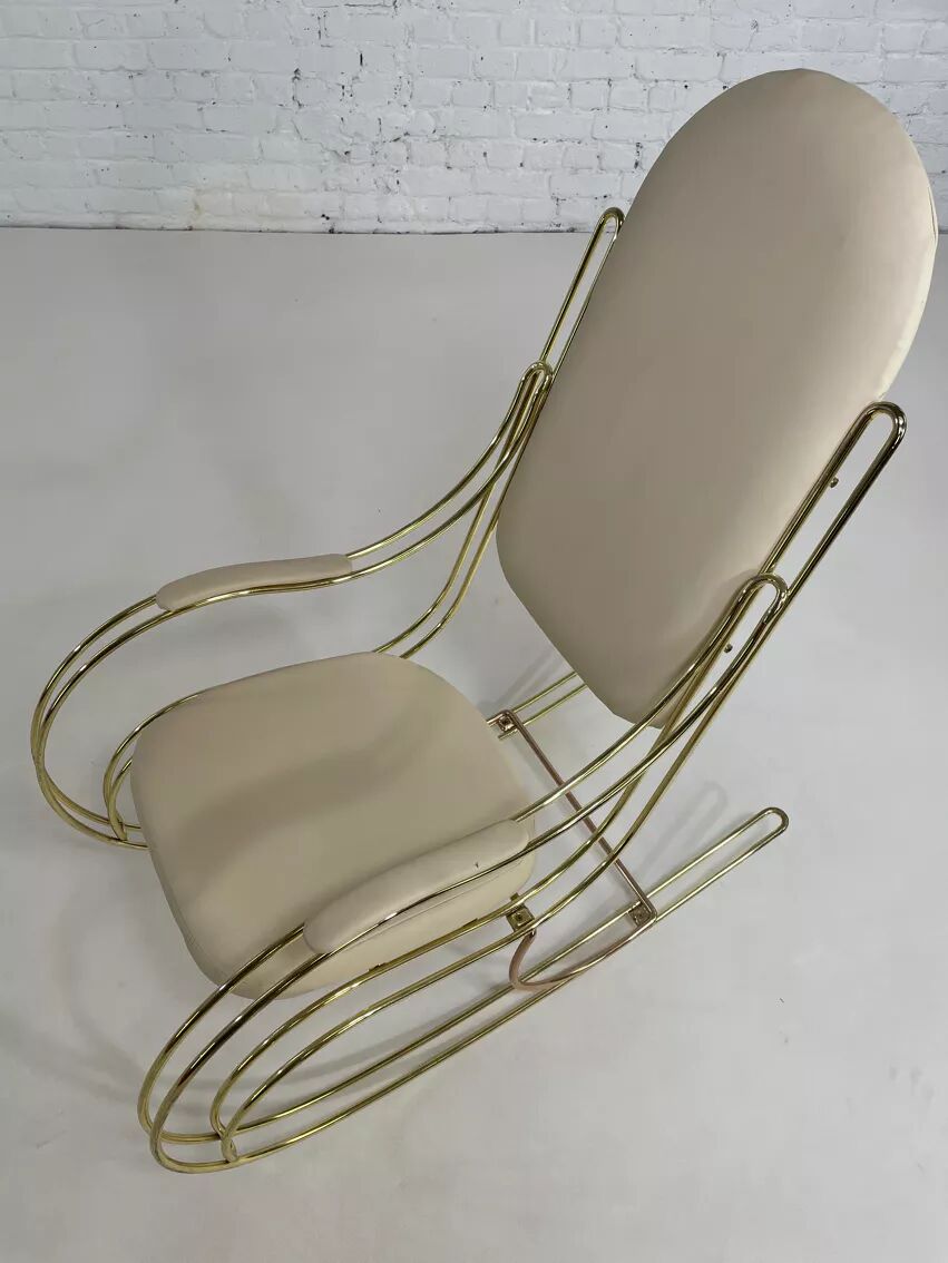 60s rocking chair in brass and ecru faux leather