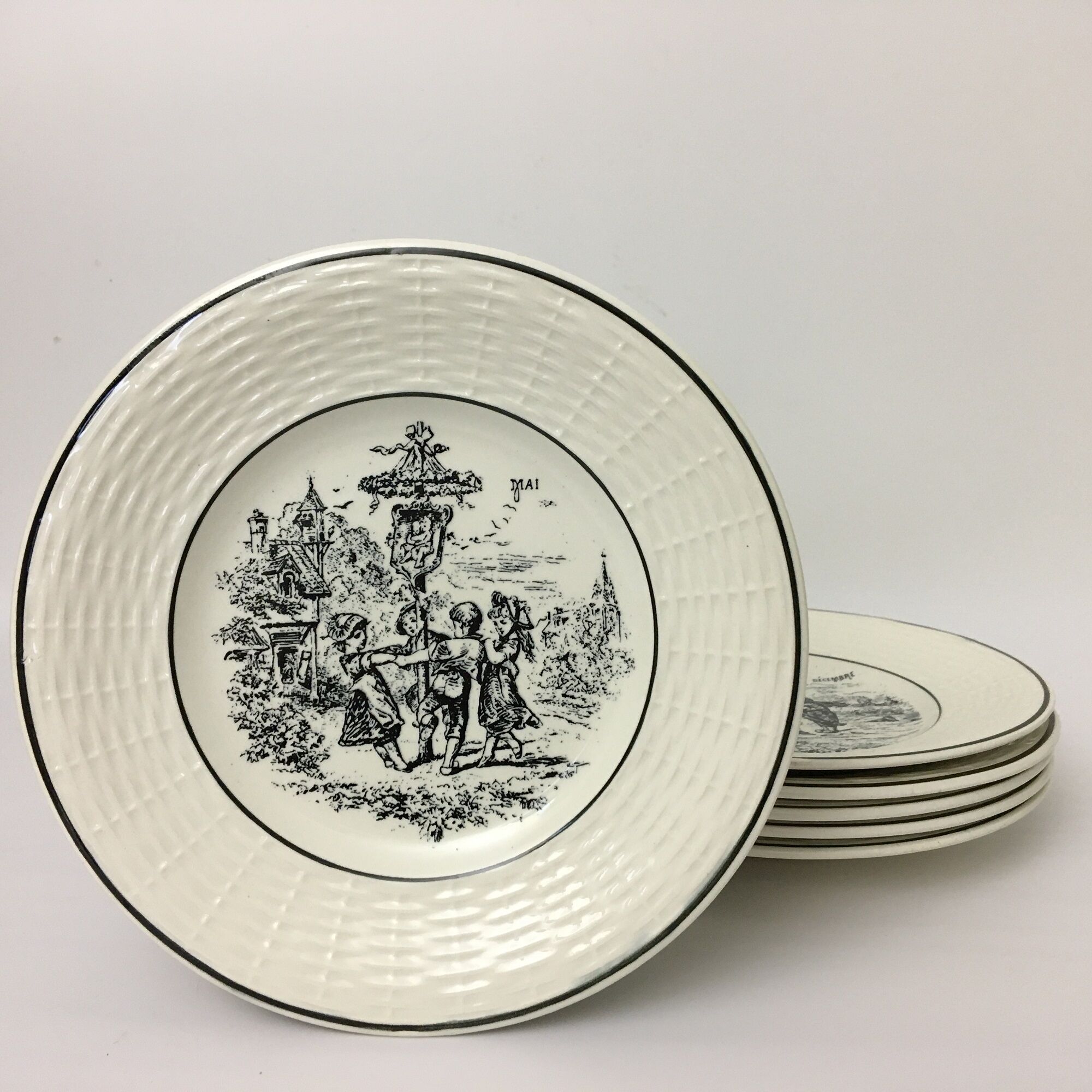 Set Of 6 Dessert Plates Representing 6 Months Of The Year. "Digoin Sarreguemines"