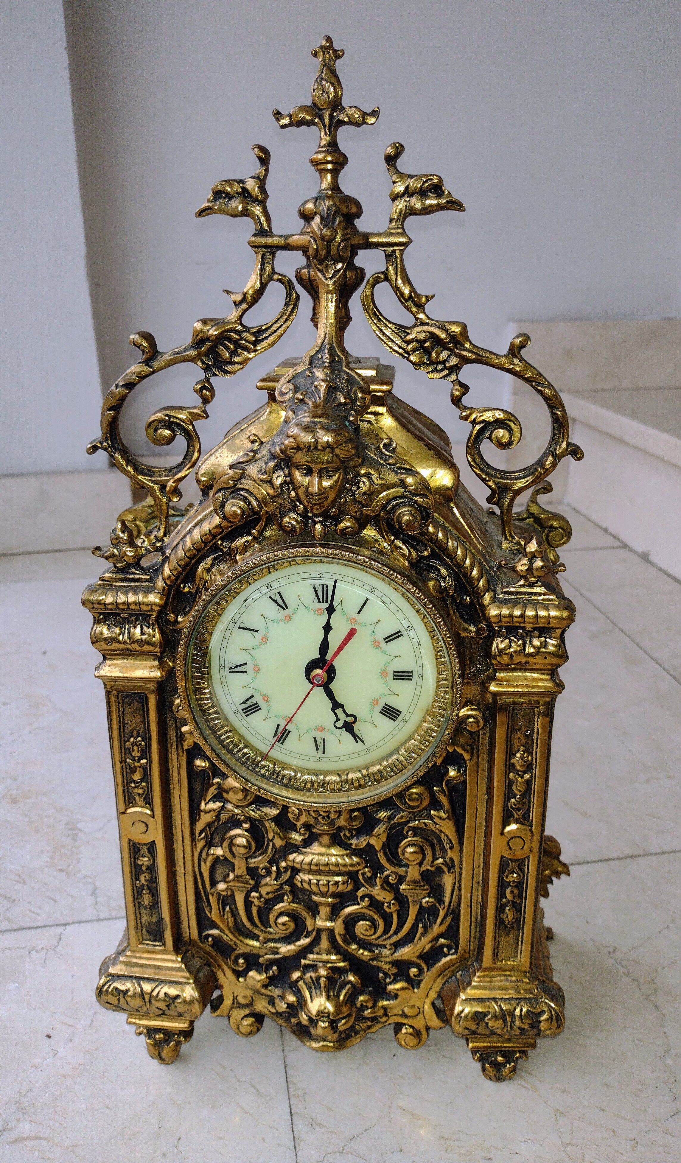 Gilt brass gothic mantle clock
