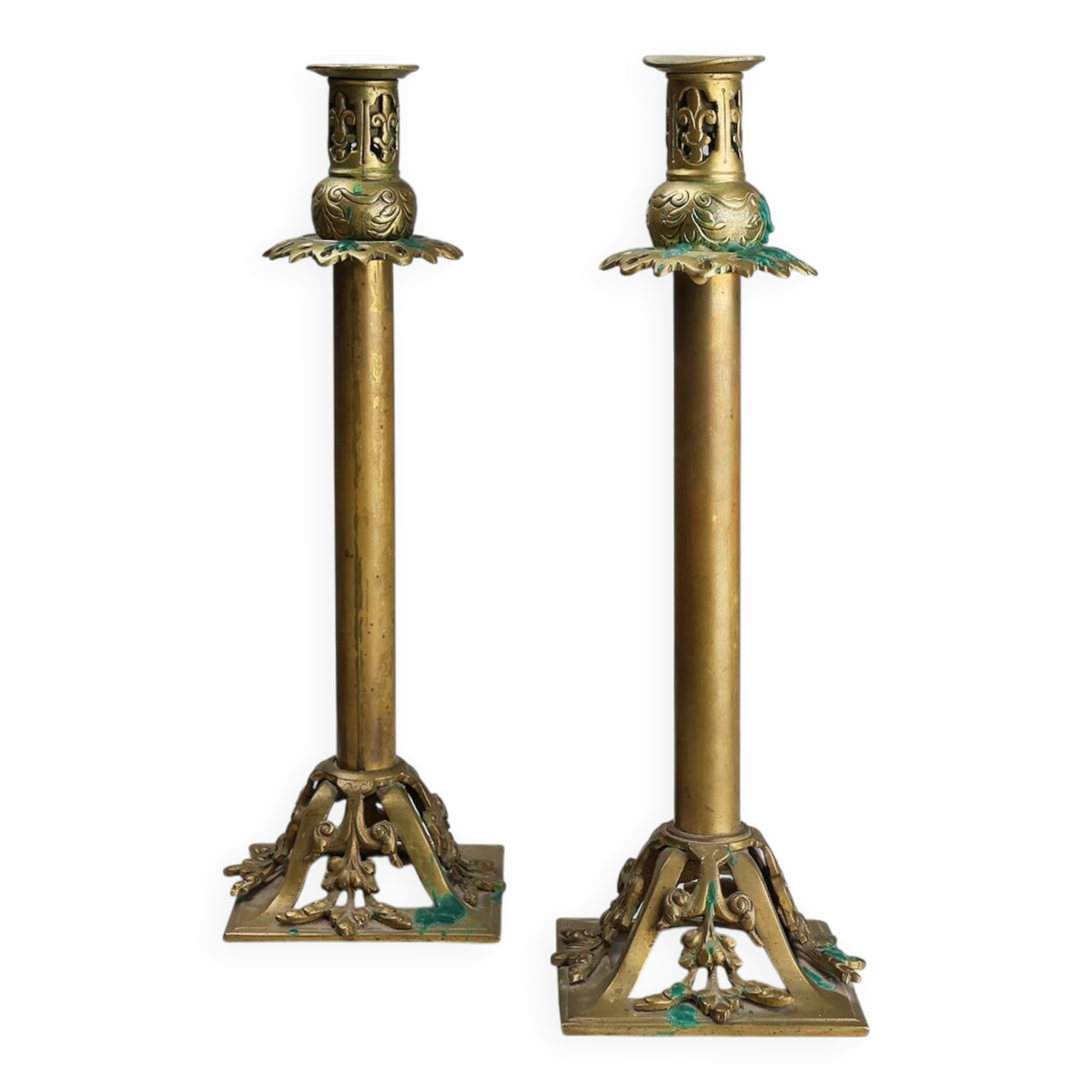 Pair of Antique French copper candlesticks in Baroque style, 1900s