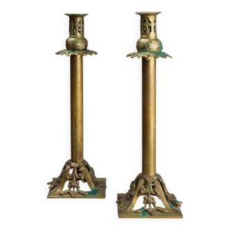 Pair of Antique French copper candlesticks in Baroque style, 1900s