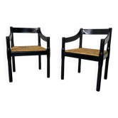 Mid-Century Modernist Black Beech and Papercord Carimate Chairs by Vico Magistretti, 1960s, Set of 2