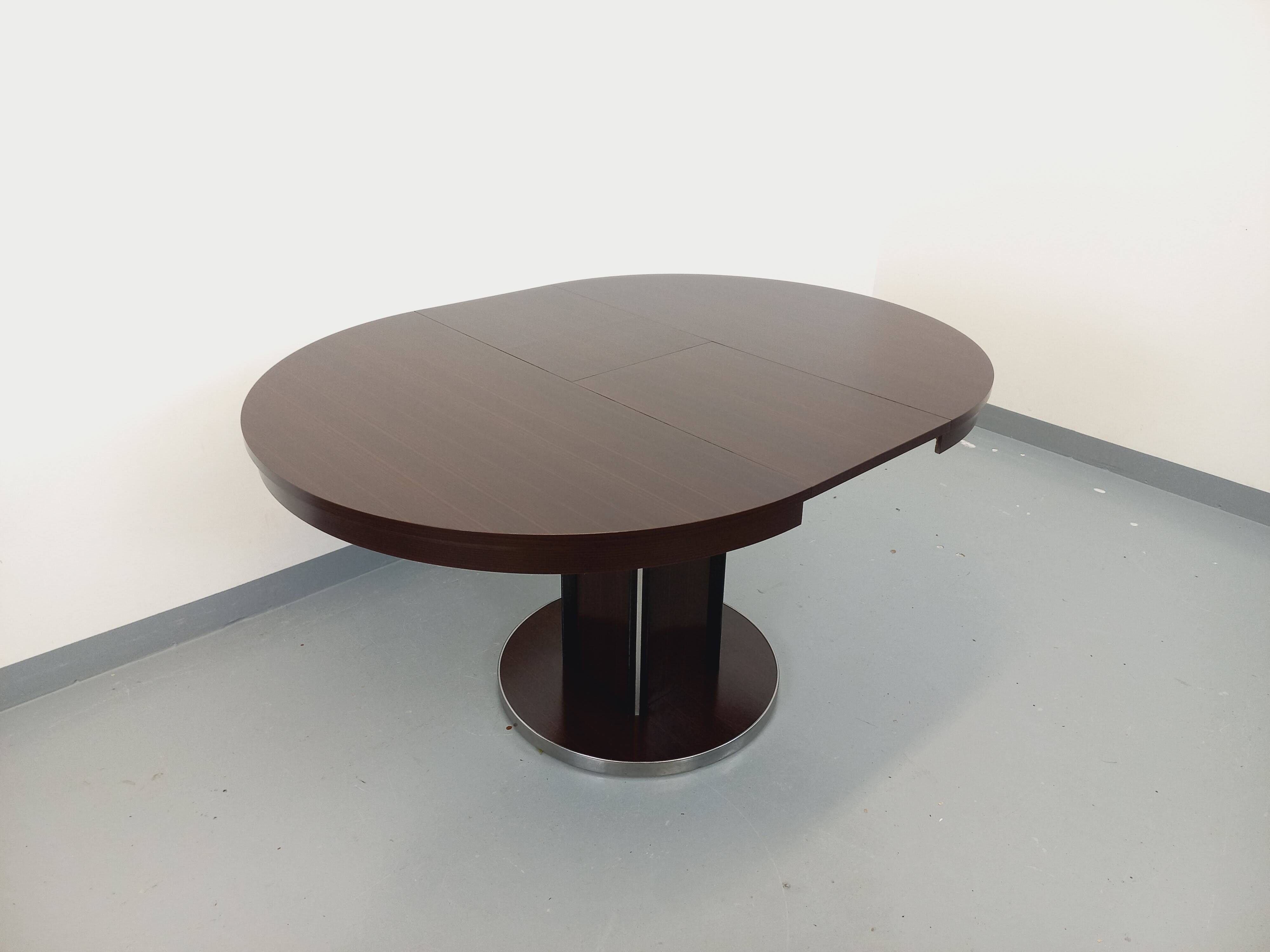 Table ronde de repas vintage en bois d’ébène et métal chromé Space Age