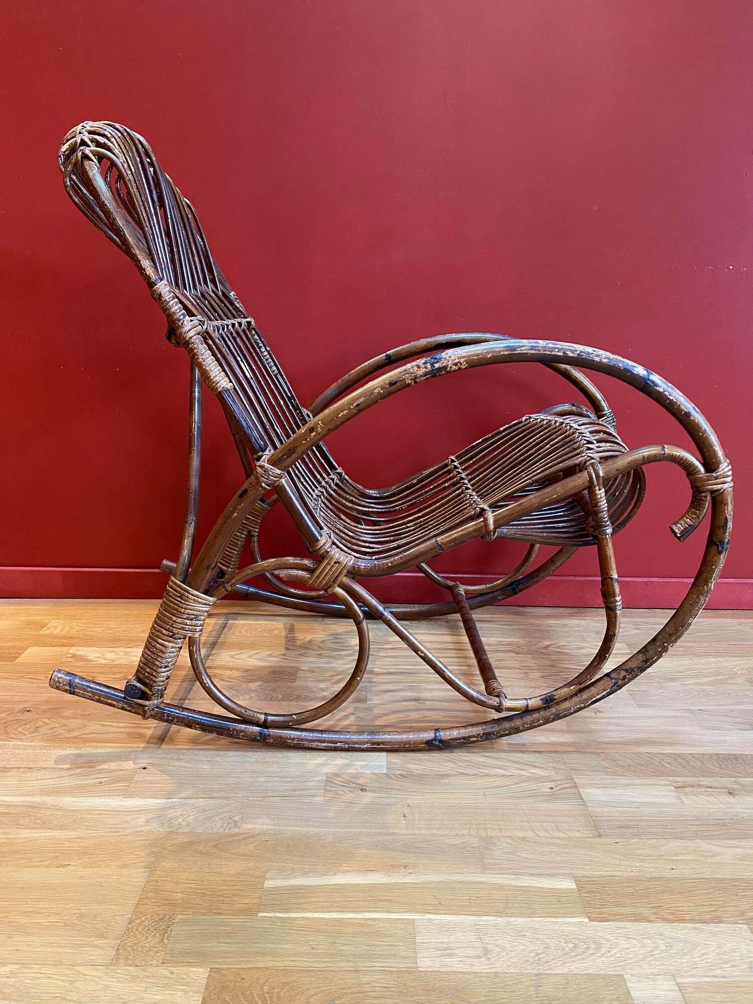 Vintage rocking chair, 60's, rattan and bamboo Rohé Noordwolde