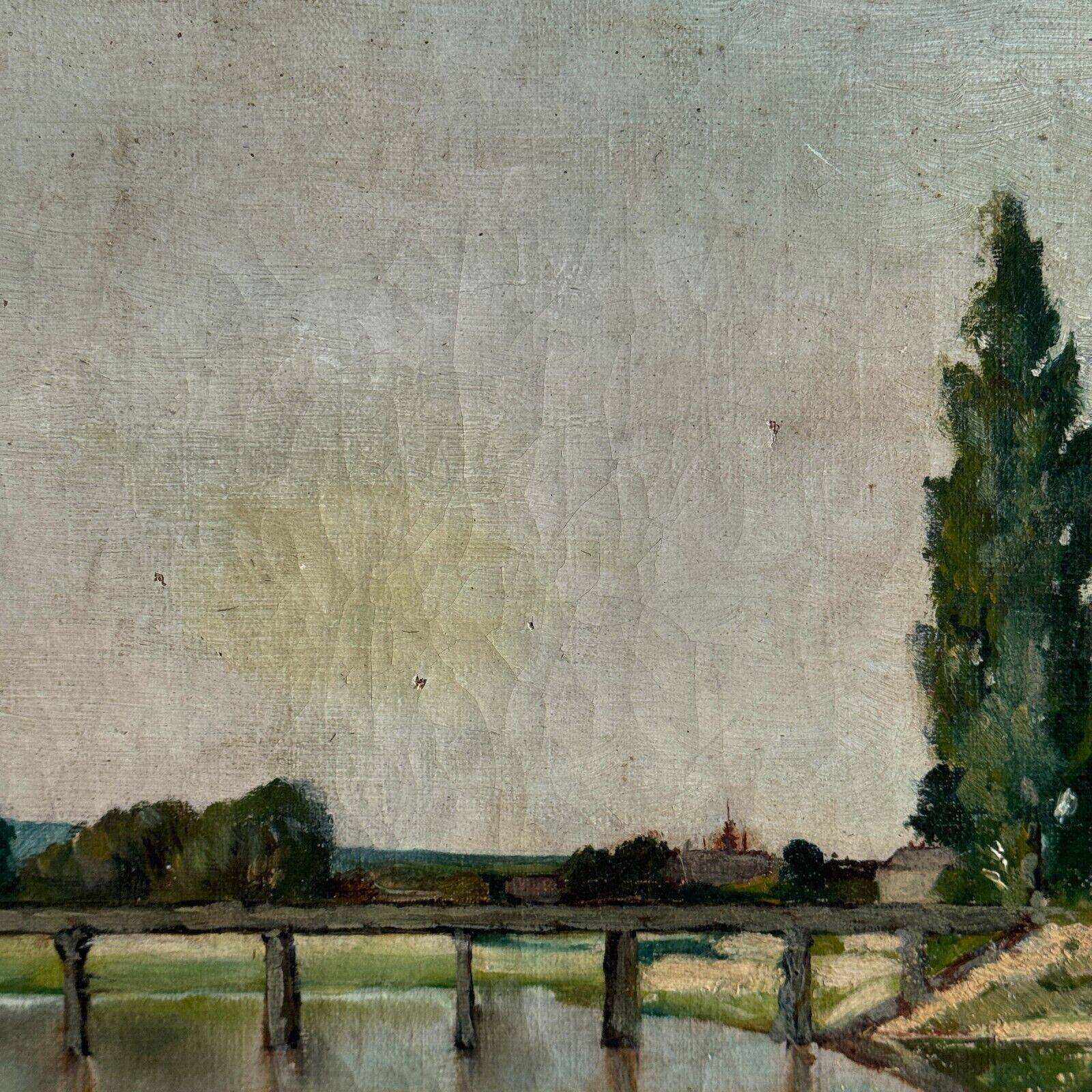 Oil on canvas depicting a river with a bridge, early 20th century