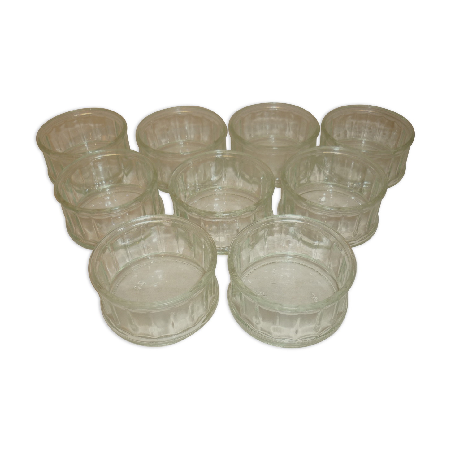 9 ramekins in vintage pressed and molded glass