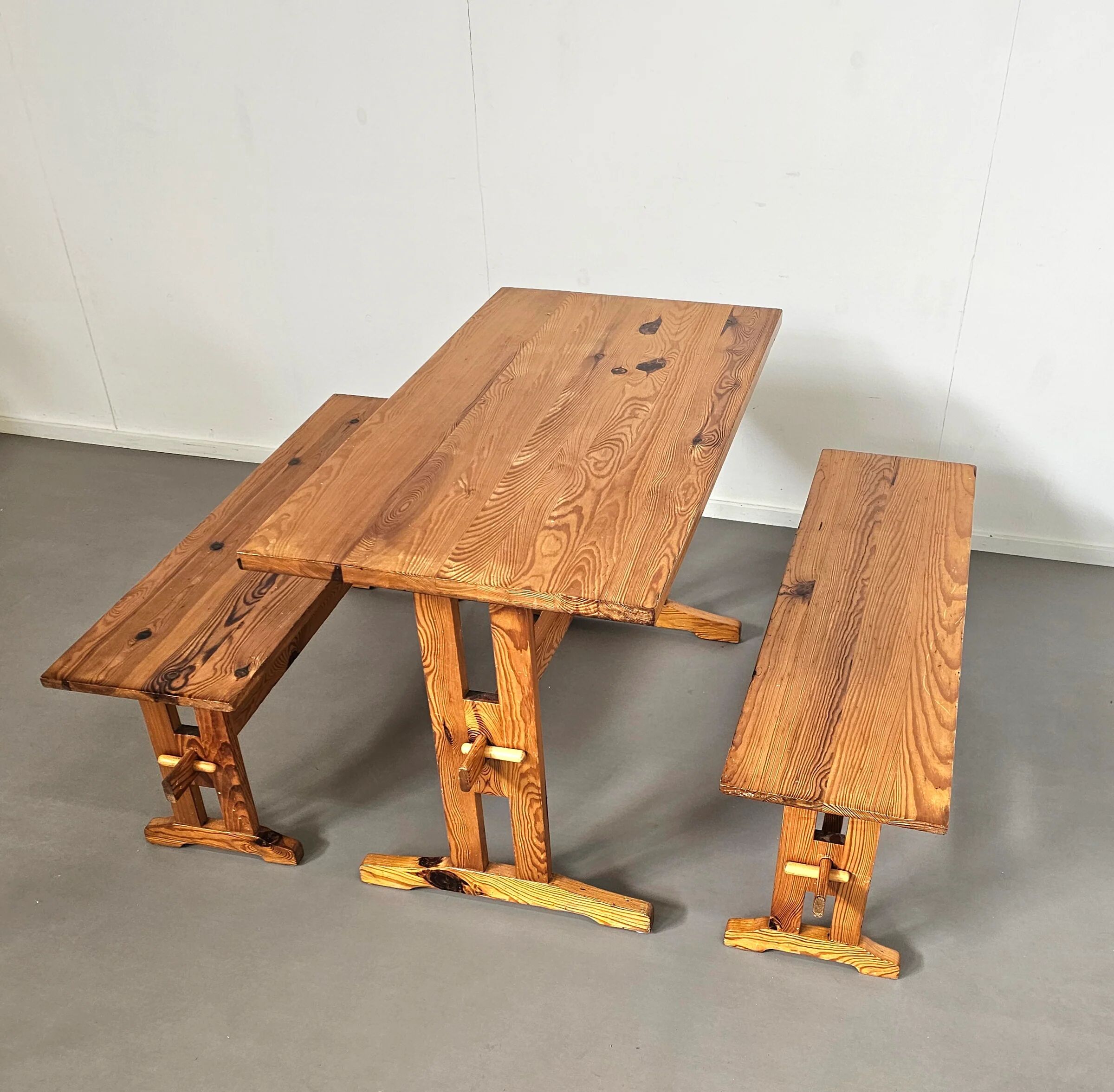 Scandinavian modern solid pinewood benches and dining table, 1970s