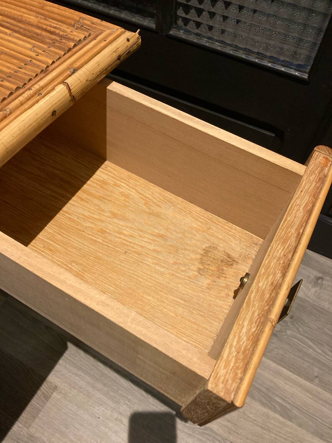 Hairdresser, vintage rattan desk, in the style of Audoux Minet.
