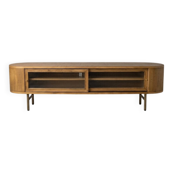 Meuble TV en bois avec portes vitrées coulissantes