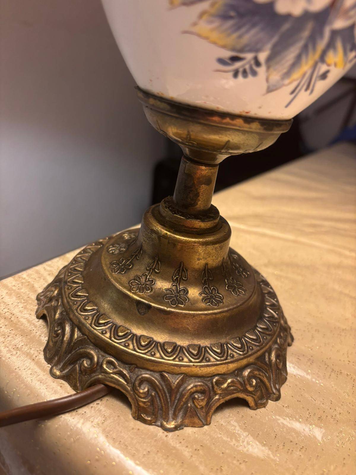 Vintage lamp, painted porcelain with blue flowers and brass