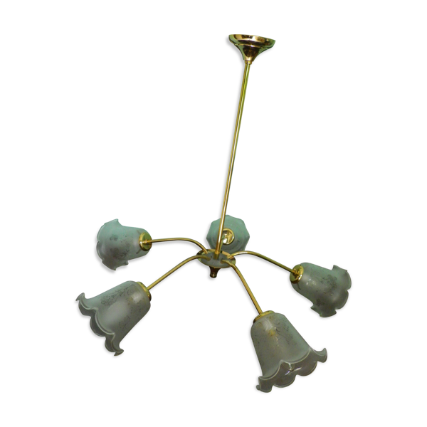 Lustre en métal doré, 5 branches, coupole en verre opaque - années 60/70