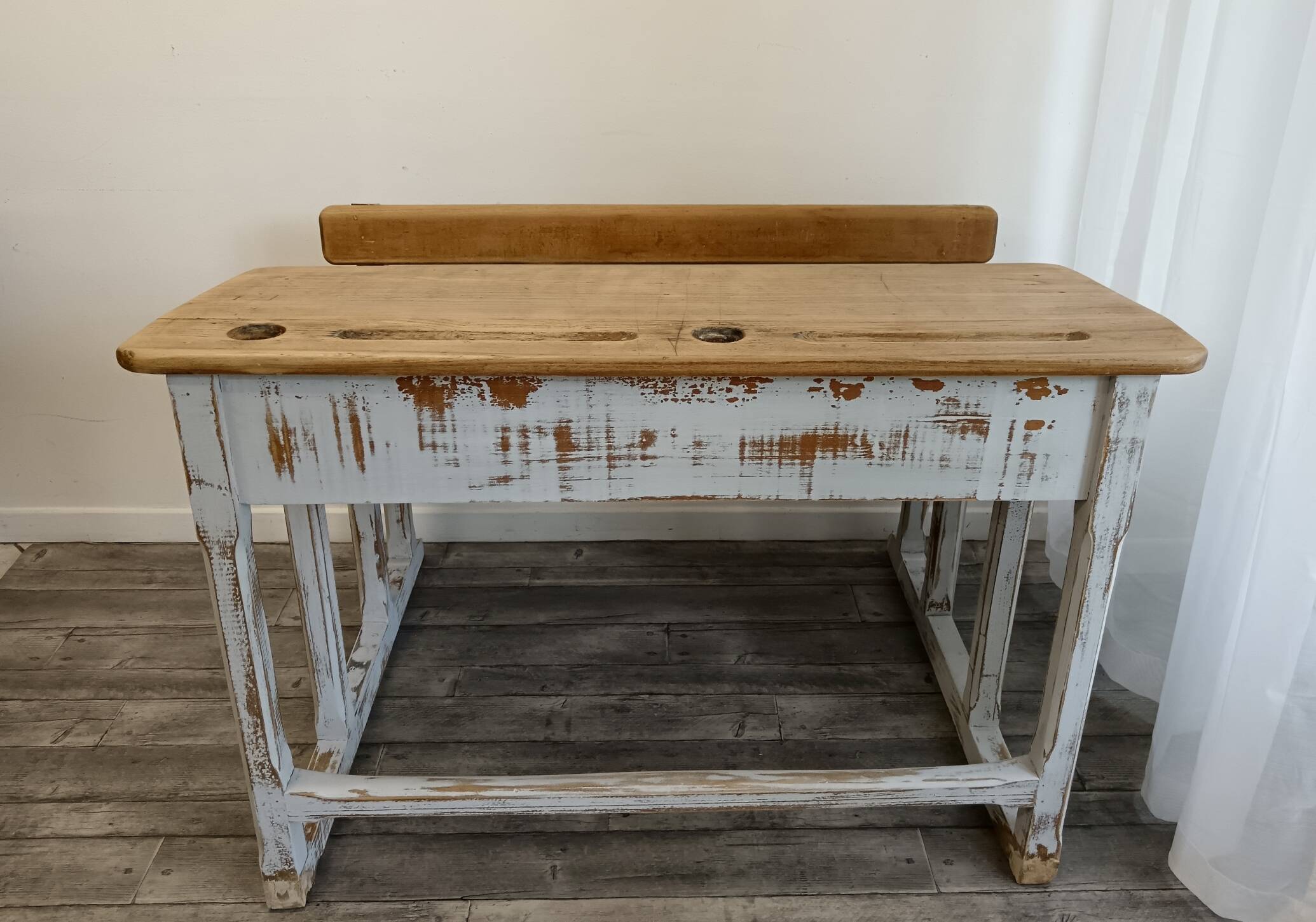 Double school desk in wood and patinated gray