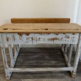 Double school desk in wood and patinated gray