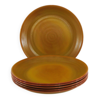 6 assiettes plates en opaline marron caramel - vintage années 70