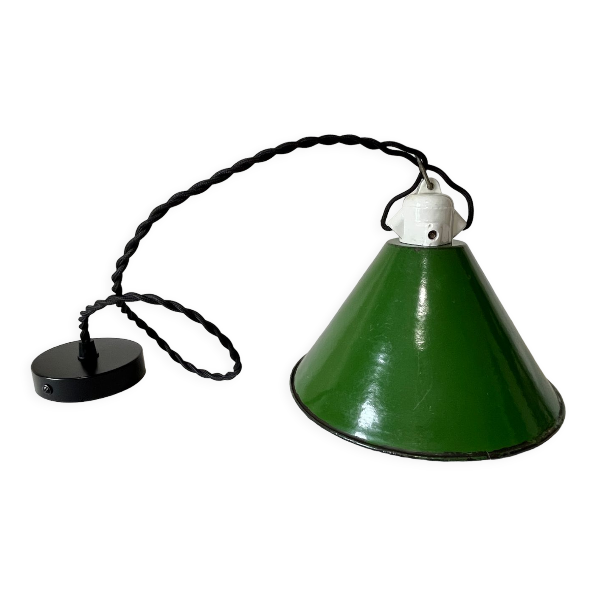 Industrial suspension conical metal green enamelled tole vintage