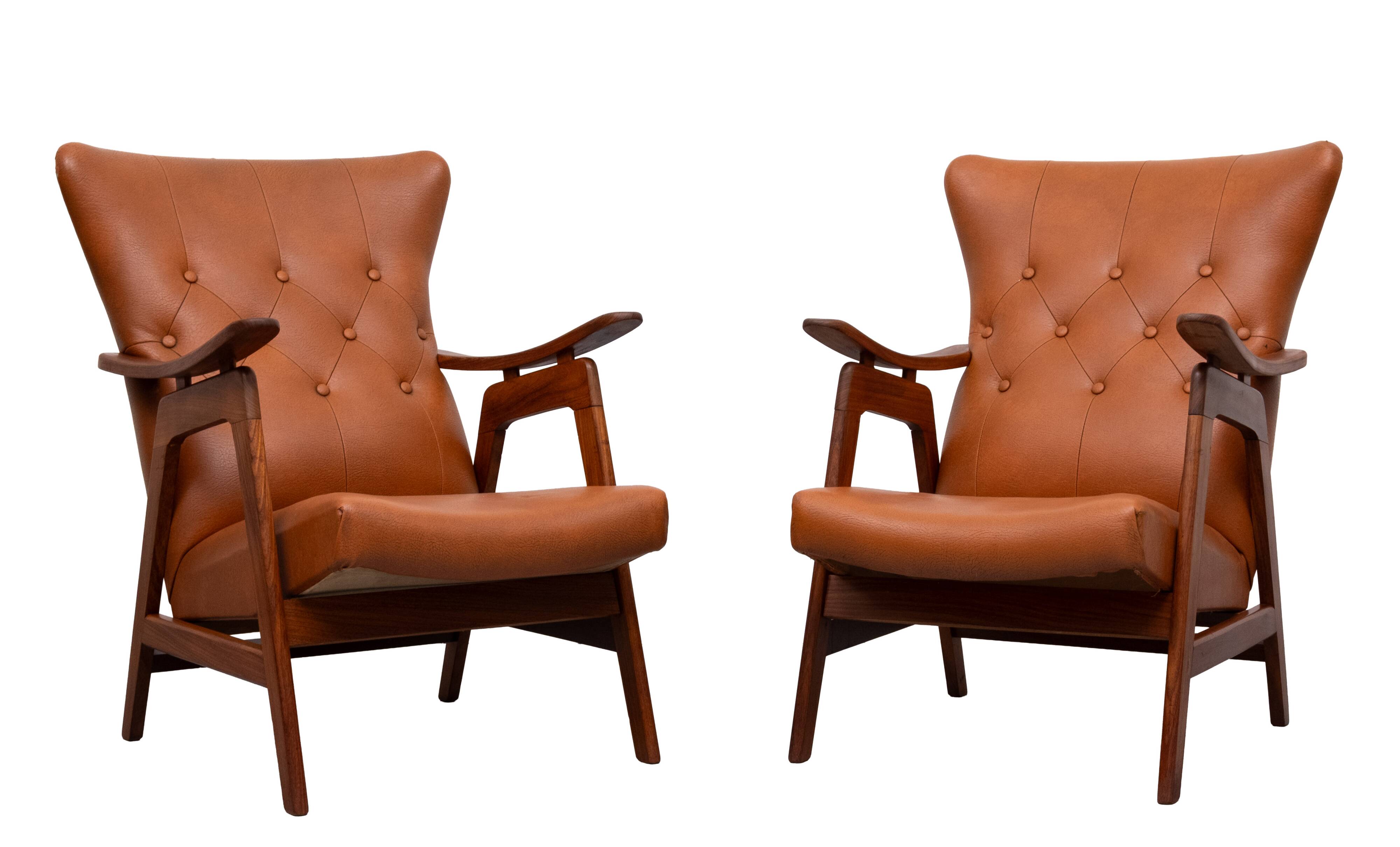 Teak Faux Leather Lounge chairs 1960s Holland