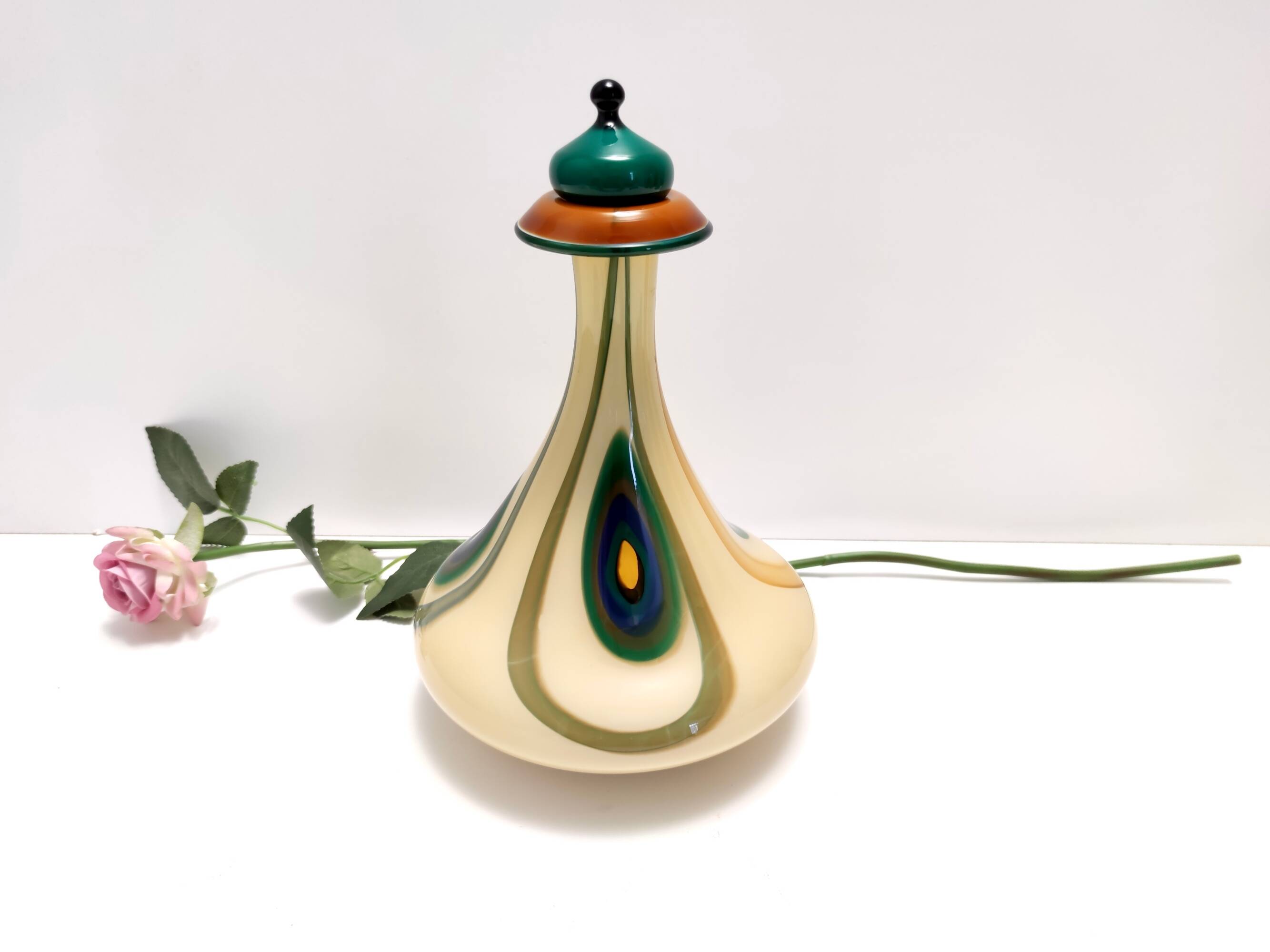 Beige Encased and Hand-blown Glass Decanter Bottle, Italy