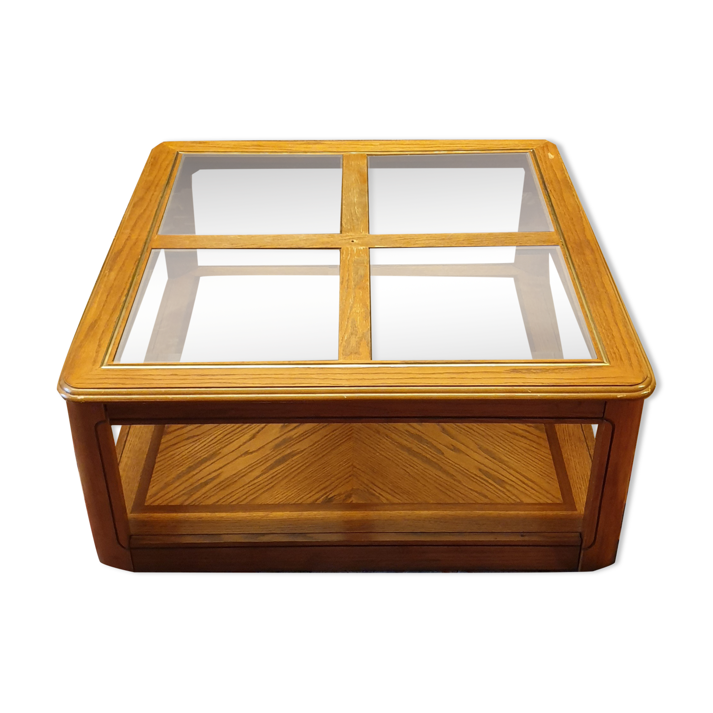 Wood and glass coffee table on wheels