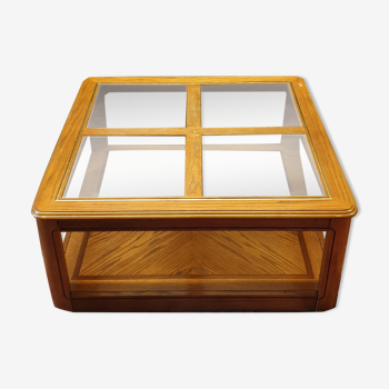 Table basse bois et verre sur roulettes