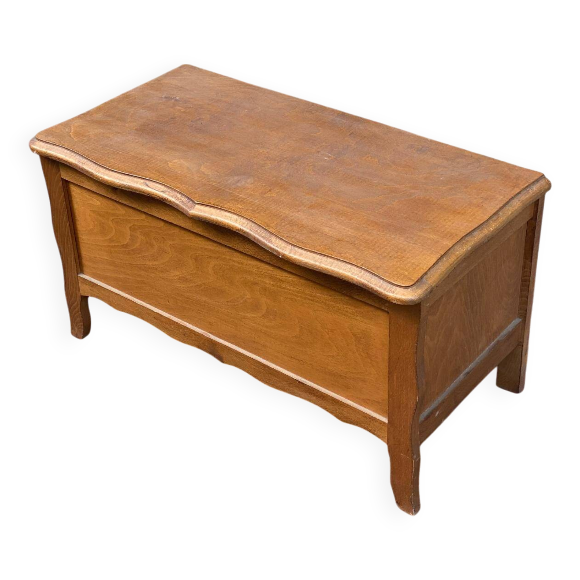 Vintage solid wood storage bench in light oak, Louis XV style, 77cm