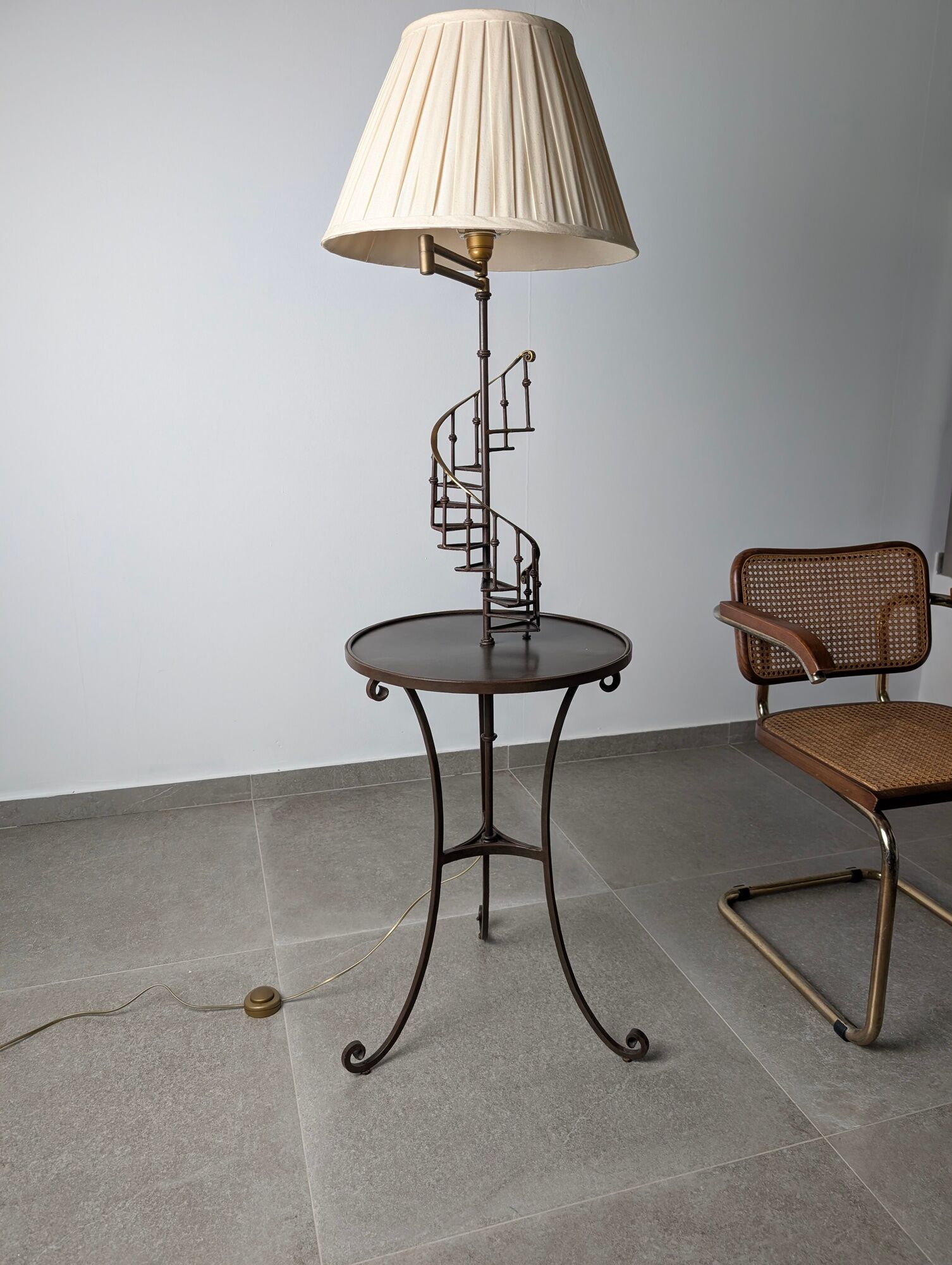 French Floor Lamp with Spiral Staircase, iron and brass, Mid-Century